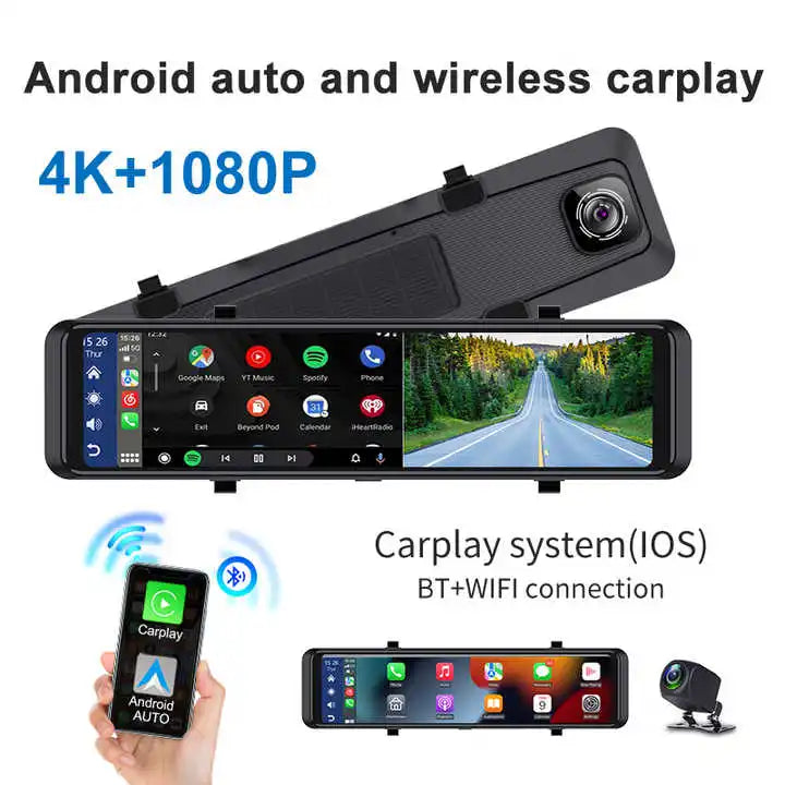 12 Inch Android Auto and Wireless Carplay 4K+1080P Recording Rearview Mirror Video Recorder WiFi BT G-Sensor Dash Cam
