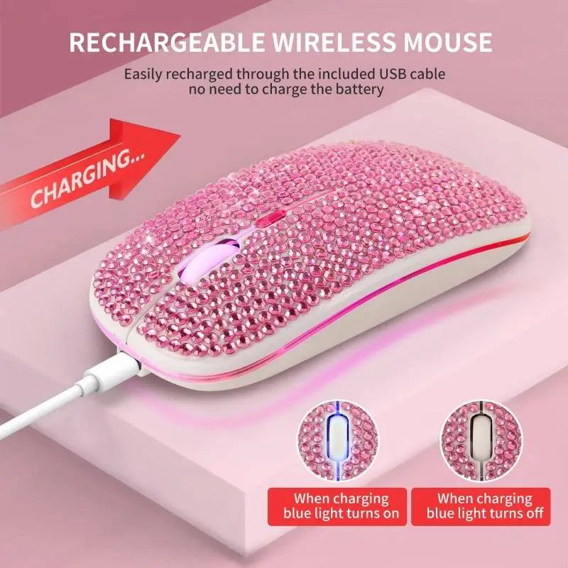 Rechargeable 2.4GHz Bluetooth-compatible Wireless Mouse with Crystal Diamond for Rhinestone RGB Backlit Great Gift for H