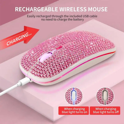 Rechargeable 2.4GHz Bluetooth-compatible Wireless Mouse with Crystal Diamond for Rhinestone RGB Backlit Great Gift for H