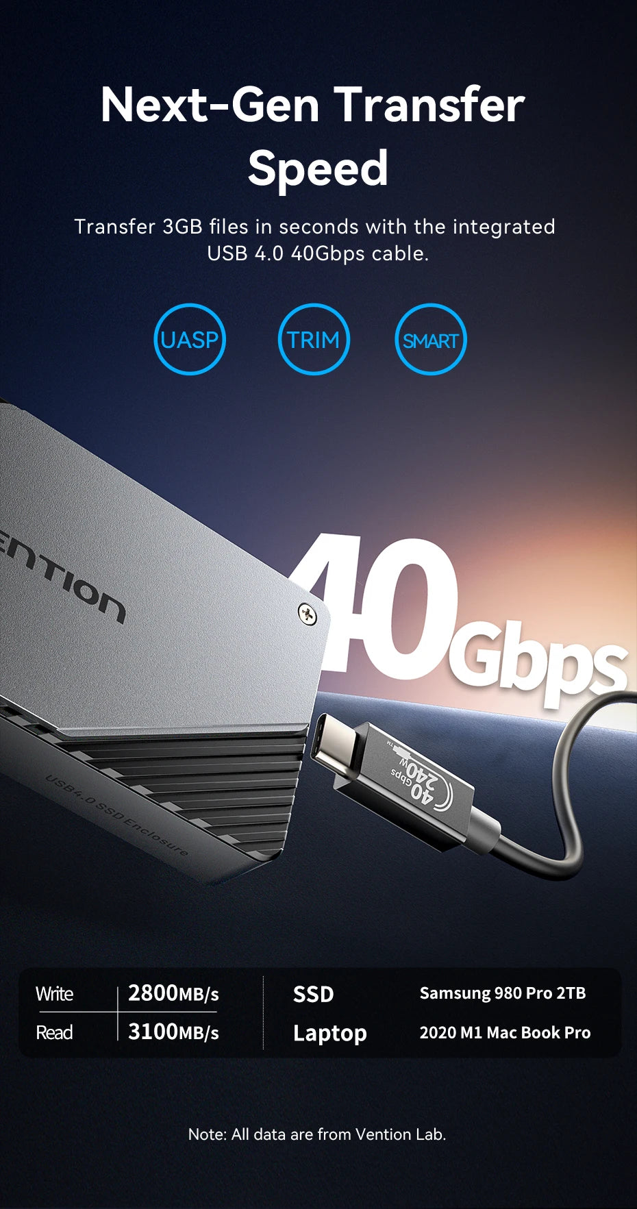Vention 40Gbps M.2 NVMe SSD Enclosure Case M.2 to USB 4.0 Adapter for M.2 NVME USB Type C Gen External Enclosure SSD Box Case