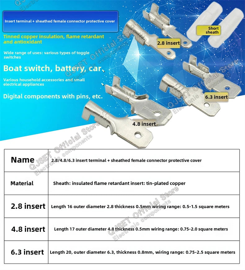 100Pcs 2.8mm 4.8mm 6.3mm Plug Spring Female Male Spade Cold Crimp Terminals Connector Car Speaker Electrical Wire Connectors Set