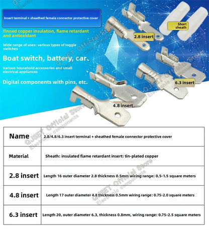 100Pcs 2.8mm 4.8mm 6.3mm Plug Spring Female Male Spade Cold Crimp Terminals Connector Car Speaker Electrical Wire Connectors Set