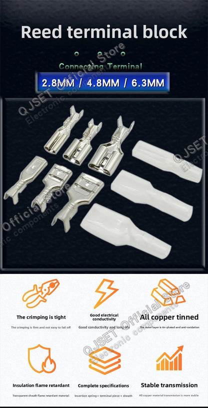 100Pcs 2.8mm 4.8mm 6.3mm Plug Spring Female Male Spade Cold Crimp Terminals Connector Car Speaker Electrical Wire Connectors Set