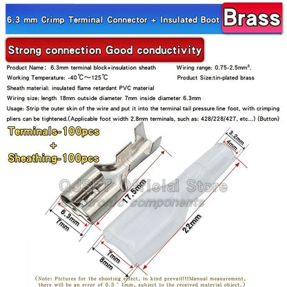 100Pcs 2.8mm 4.8mm 6.3mm Plug Spring Female Male Spade Cold Crimp Terminals Connector Car Speaker Electrical Wire Connectors Set