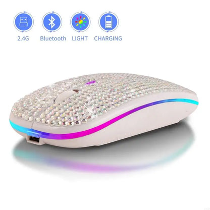 Rechargeable 2.4GHz Bluetooth-compatible Wireless Mouse with Crystal Diamond for Rhinestone RGB Backlit Great Gift for H