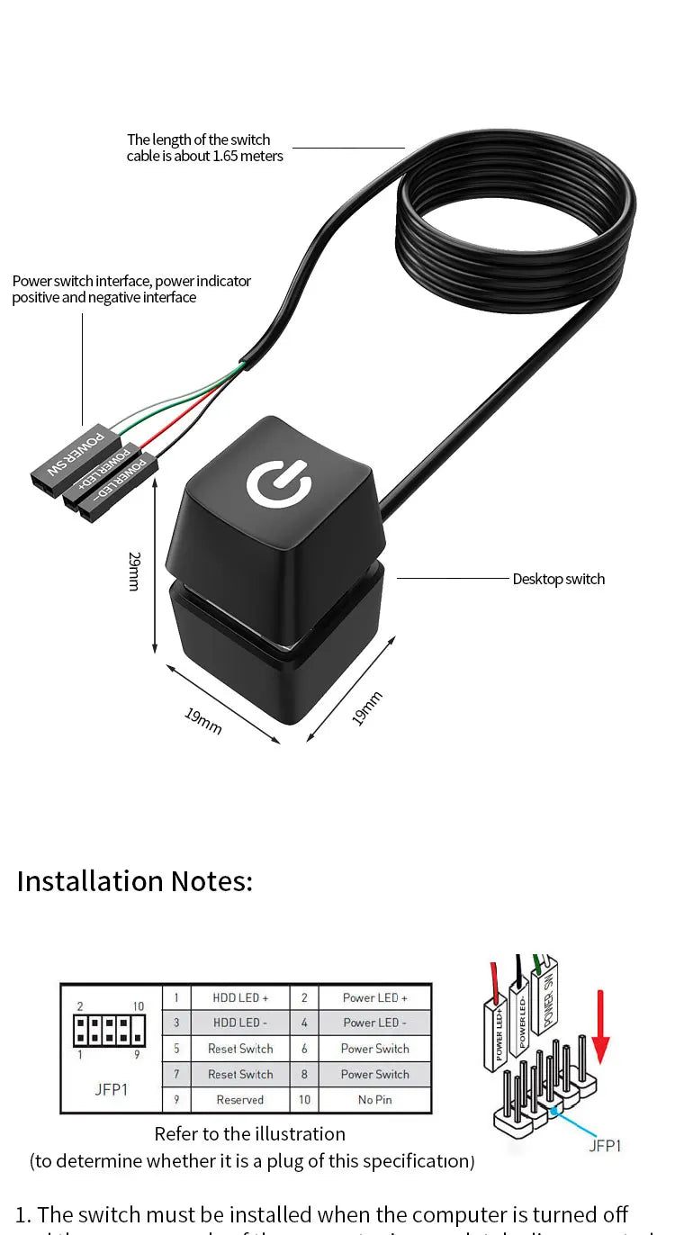 TEUCER 1.65/5/10m LED Lights Computer Desktop Switch PC Motherboard External Start Power Button Extension Cable for Home Office