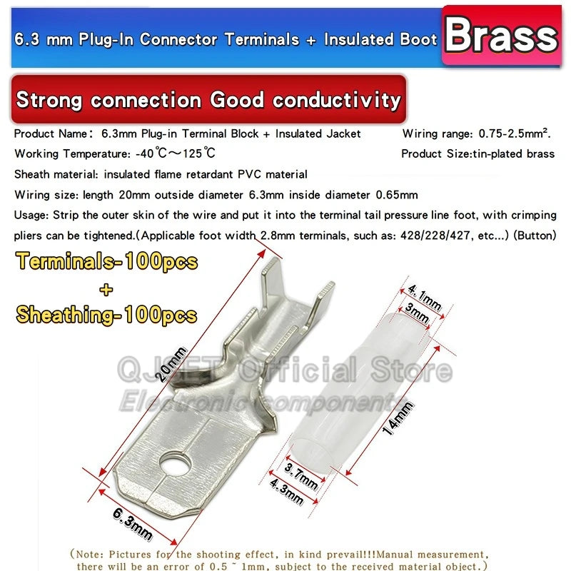 100Pcs 2.8mm 4.8mm 6.3mm Plug Spring Female Male Spade Cold Crimp Terminals Connector Car Speaker Electrical Wire Connectors Set