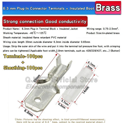 100Pcs 2.8mm 4.8mm 6.3mm Plug Spring Female Male Spade Cold Crimp Terminals Connector Car Speaker Electrical Wire Connectors Set