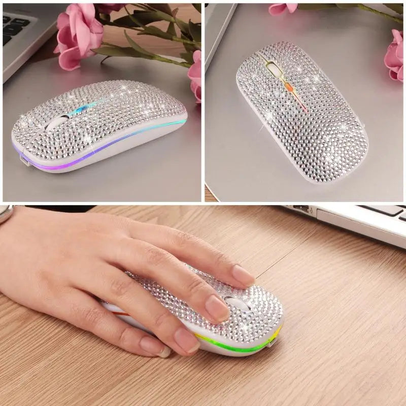 Rechargeable 2.4GHz Bluetooth-compatible Wireless Mouse with Crystal Diamond for Rhinestone RGB Backlit Great Gift for H