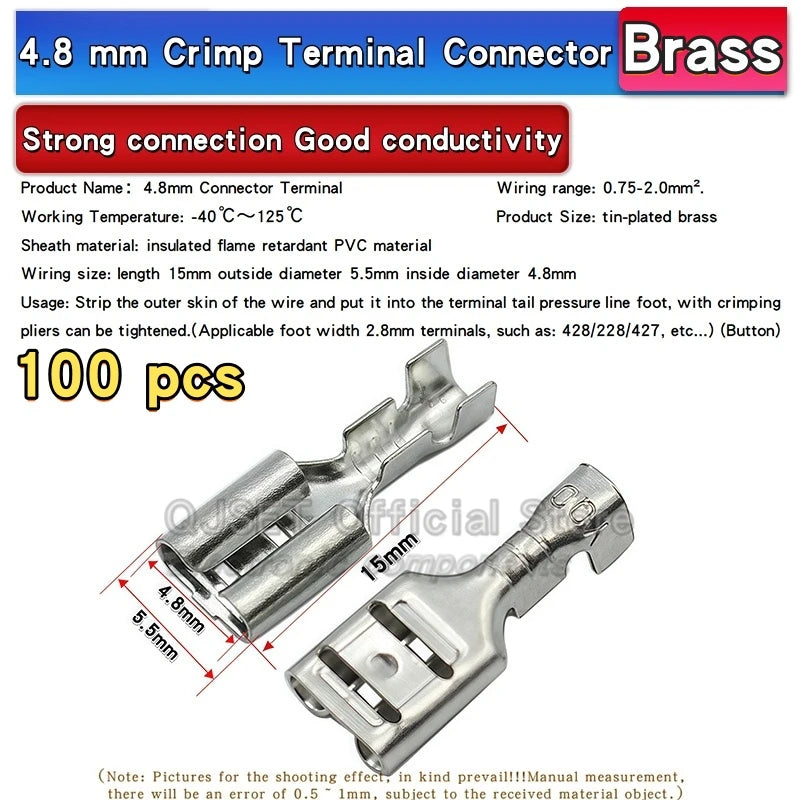 100Pcs 2.8mm 4.8mm 6.3mm Plug Spring Female Male Spade Cold Crimp Terminals Connector Car Speaker Electrical Wire Connectors Set