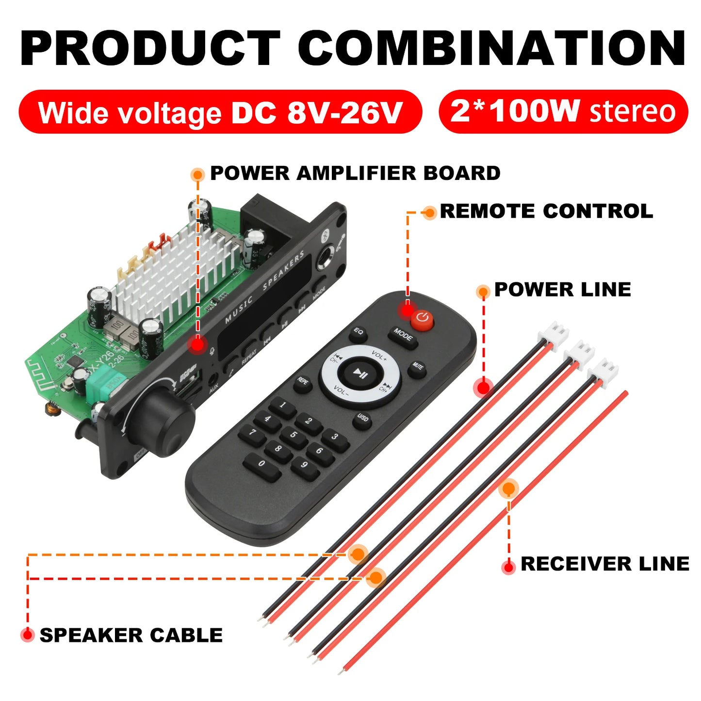 NEW 200W  Amplifier Bluetooth DIY MP3 WAV Decoder Board DC 12V 100W  Wireless Car USB MP3 Player TF Card Slot USB FM with Mic