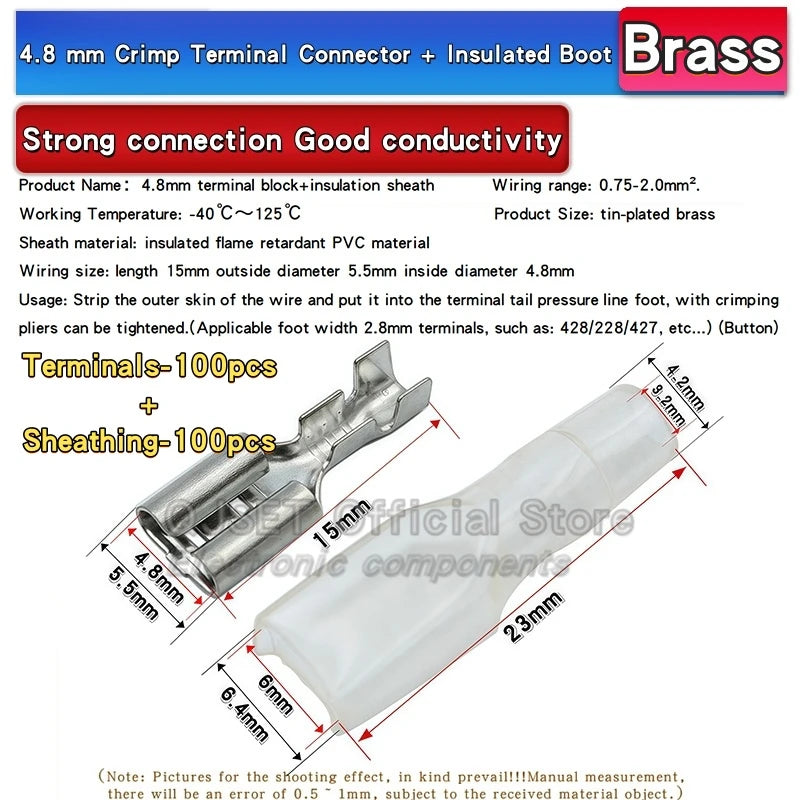 100Pcs 2.8mm 4.8mm 6.3mm Plug Spring Female Male Spade Cold Crimp Terminals Connector Car Speaker Electrical Wire Connectors Set