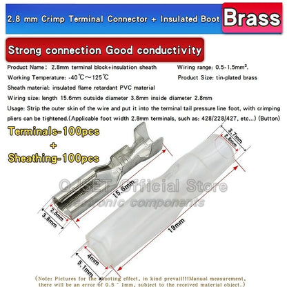 100Pcs 2.8mm 4.8mm 6.3mm Plug Spring Female Male Spade Cold Crimp Terminals Connector Car Speaker Electrical Wire Connectors Set