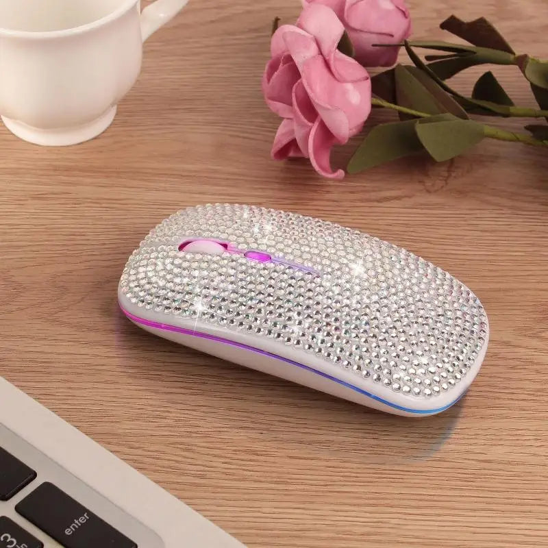 Rechargeable 2.4GHz Bluetooth-compatible Wireless Mouse with Crystal Diamond for Rhinestone RGB Backlit Great Gift for H