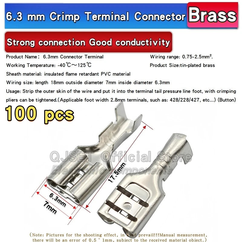 100Pcs 2.8mm 4.8mm 6.3mm Plug Spring Female Male Spade Cold Crimp Terminals Connector Car Speaker Electrical Wire Connectors Set