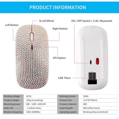 Rechargeable 2.4GHz Bluetooth-compatible Wireless Mouse with Crystal Diamond for Rhinestone RGB Backlit Great Gift for H