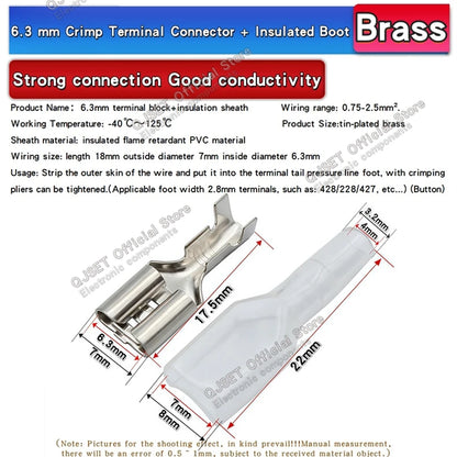 100Pcs 2.8mm 4.8mm 6.3mm Plug Spring Female Male Spade Cold Crimp Terminals Connector Car Speaker Electrical Wire Connectors Set