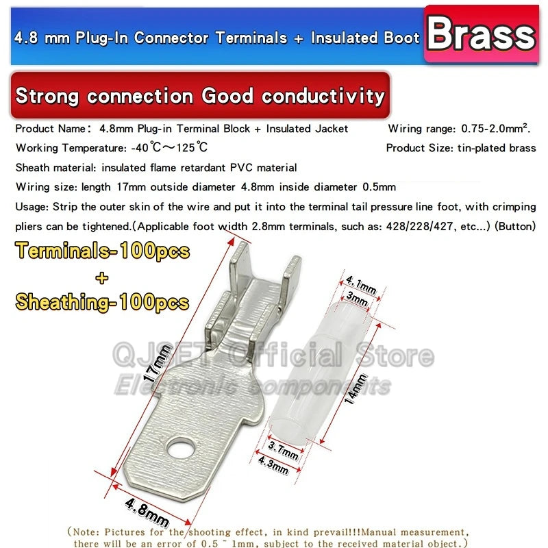 100Pcs 2.8mm 4.8mm 6.3mm Plug Spring Female Male Spade Cold Crimp Terminals Connector Car Speaker Electrical Wire Connectors Set