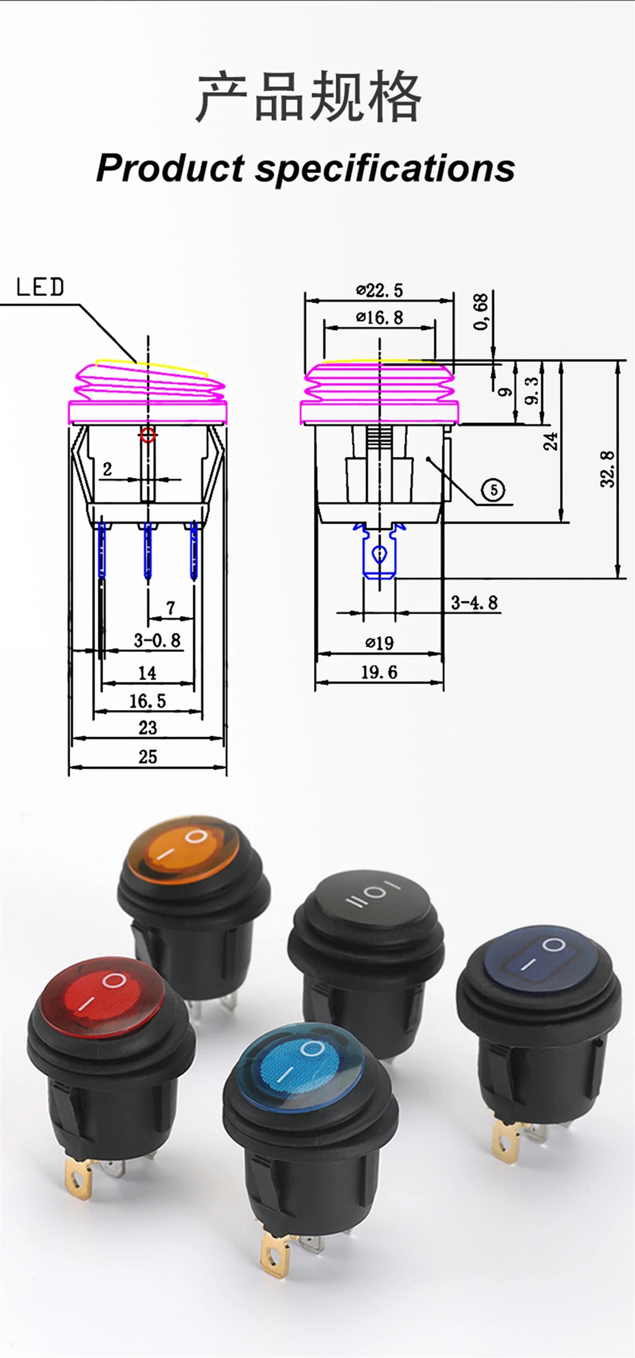 5PCS ON/OFF Round Waterproof Boat LED Rocker Switch Light 12V 220V Power Button Switch On Off On Toggle Boat