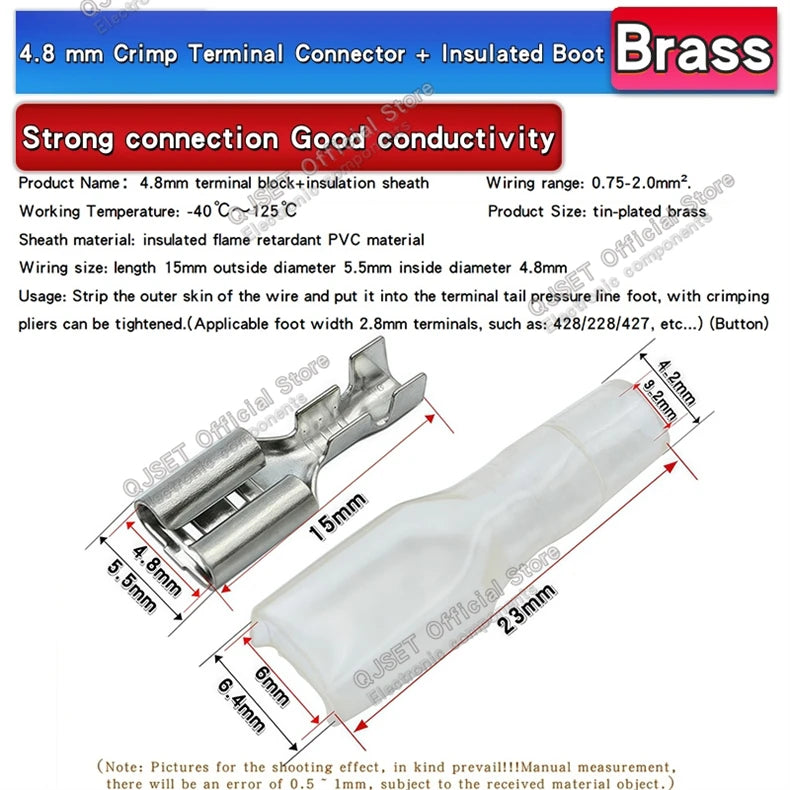 100Pcs 2.8mm 4.8mm 6.3mm Plug Spring Female Male Spade Cold Crimp Terminals Connector Car Speaker Electrical Wire Connectors Set