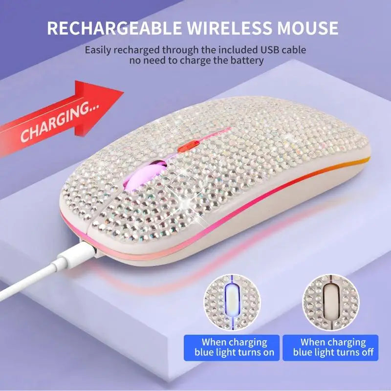 Rechargeable 2.4GHz Bluetooth-compatible Wireless Mouse with Crystal Diamond for Rhinestone RGB Backlit Great Gift for H