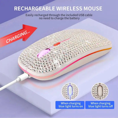 Rechargeable 2.4GHz Bluetooth-compatible Wireless Mouse with Crystal Diamond for Rhinestone RGB Backlit Great Gift for H