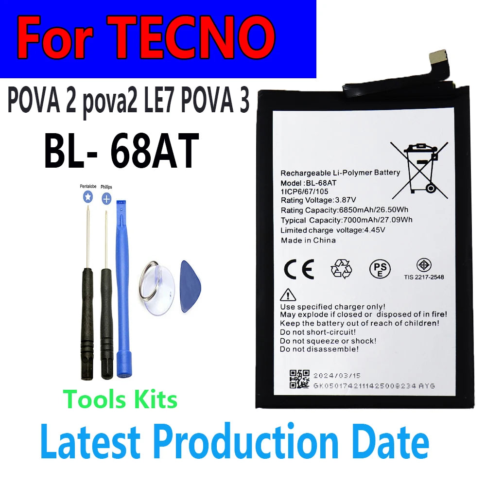 Original Battery For Tecno BL-68AT  Battery  POVA 2 pova2 LE7 POVA 3 +Free Tools