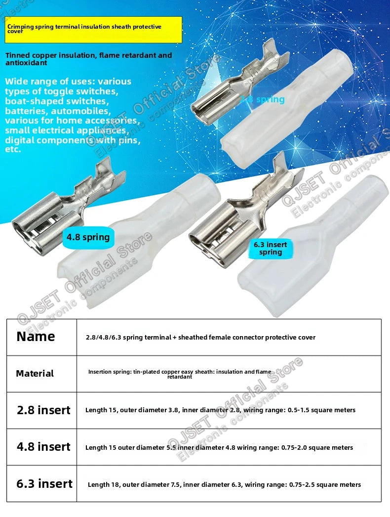 100Pcs 2.8mm 4.8mm 6.3mm Plug Spring Female Male Spade Cold Crimp Terminals Connector Car Speaker Electrical Wire Connectors Set