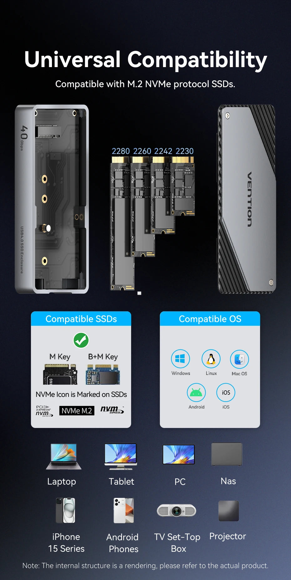 Vention 40Gbps M.2 NVMe SSD Enclosure Case M.2 to USB 4.0 Adapter for M.2 NVME USB Type C Gen External Enclosure SSD Box Case
