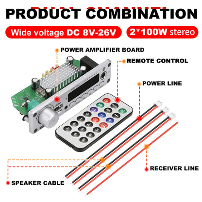 NEW 200W  Amplifier Bluetooth DIY MP3 WAV Decoder Board DC 12V 100W  Wireless Car USB MP3 Player TF Card Slot USB FM with Mic