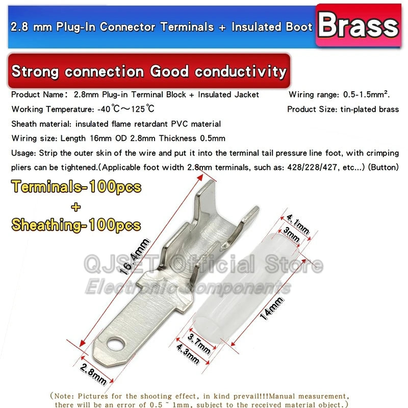 100Pcs 2.8mm 4.8mm 6.3mm Plug Spring Female Male Spade Cold Crimp Terminals Connector Car Speaker Electrical Wire Connectors Set