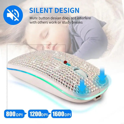 Rechargeable 2.4GHz Bluetooth-compatible Wireless Mouse with Crystal Diamond for Rhinestone RGB Backlit Great Gift for H