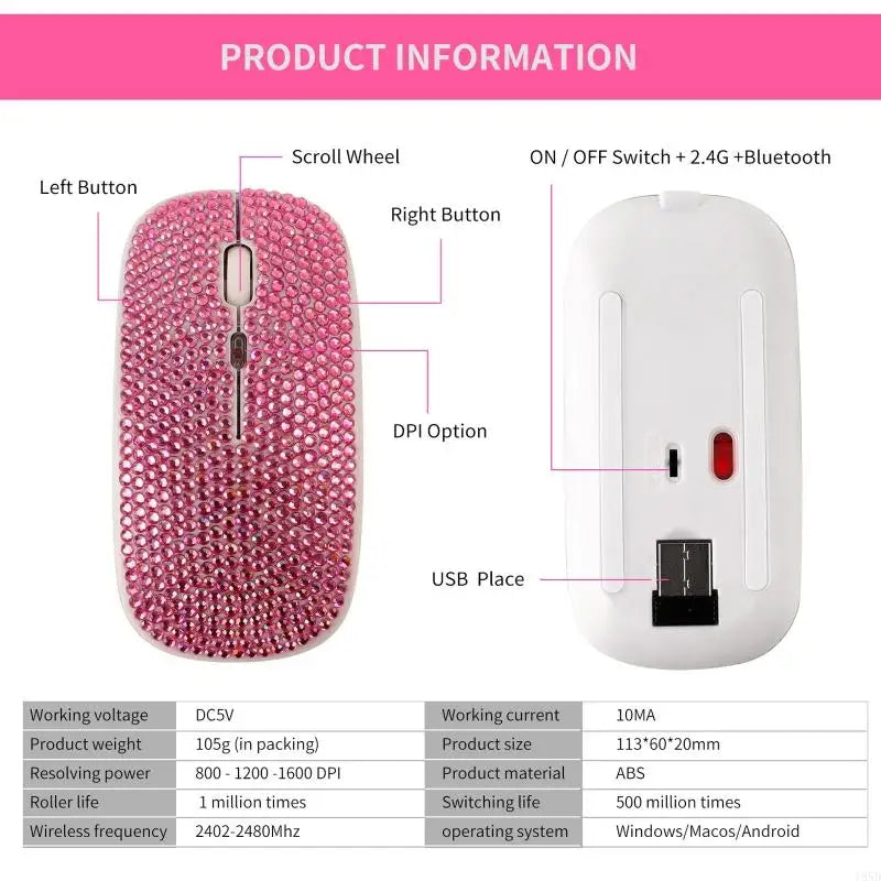 Rechargeable 2.4GHz Bluetooth-compatible Wireless Mouse with Crystal Diamond for Rhinestone RGB Backlit Great Gift for H