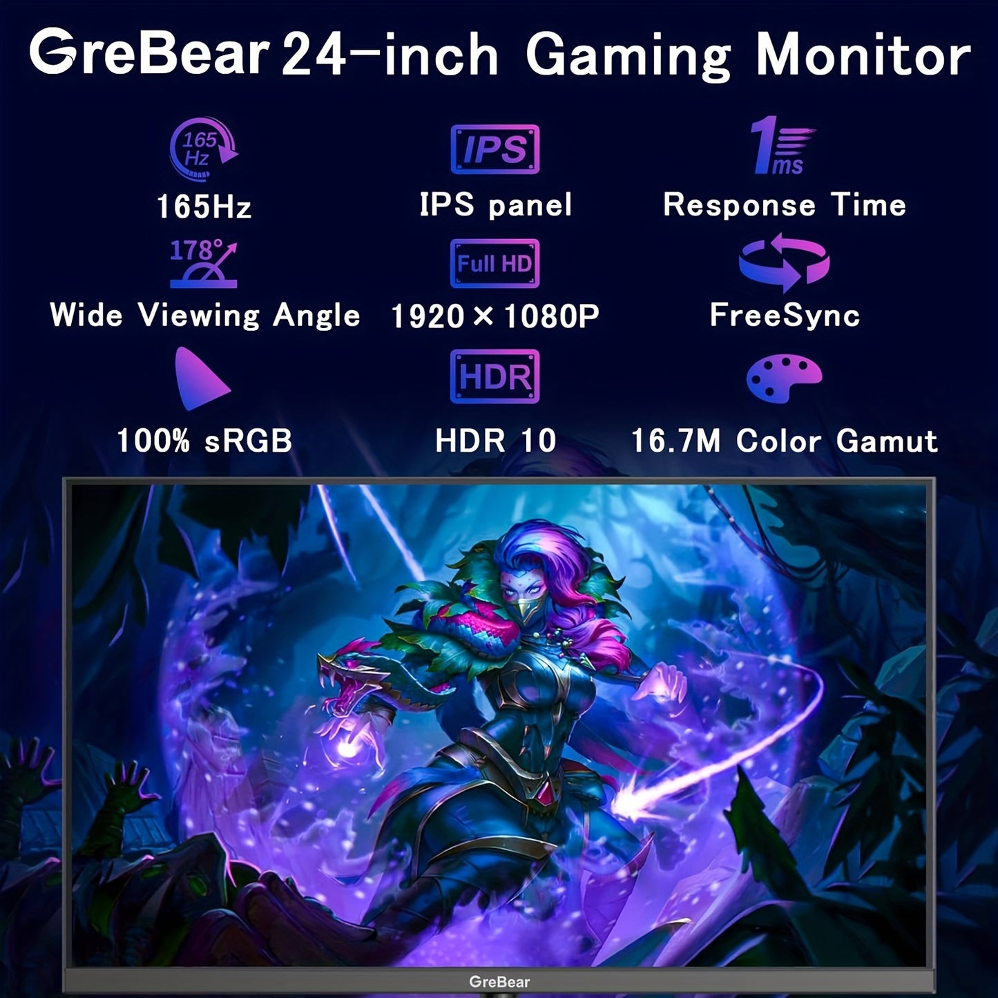 24 Inch FHD 1080P IPS Gaming Monitor Plus - Fast 165Hz Refresh Rate, 1ms Response Time, FreeSync Technology, 100% sRGB Color Gamut, HDR Support, HDMI and DP Connectivity, Built-in Speaker, Tilt Adjustable, VESA Mountable - Id