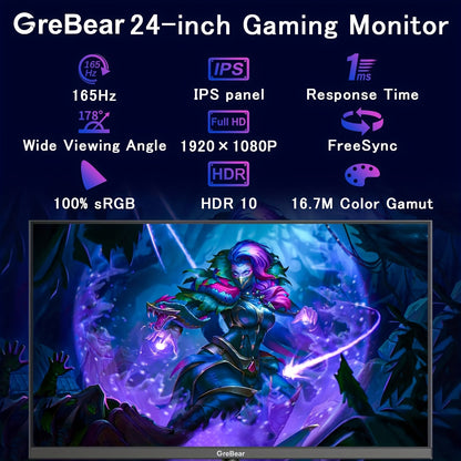 24 Inch FHD 1080P IPS Gaming Monitor Plus - Fast 165Hz Refresh Rate, 1ms Response Time, FreeSync Technology, 100% sRGB Color Gamut, HDR Support, HDMI and DP Connectivity, Built-in Speaker, Tilt Adjustable, VESA Mountable - Id