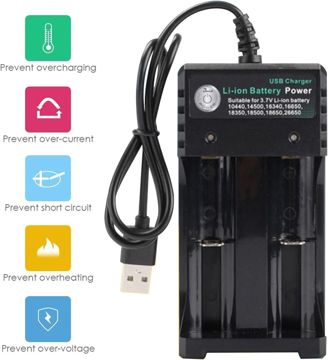 18650 Battery Chargers, Universial Charger 2 Slots, USB Charging, DC5V 1-2A, 2 Bay Chargers for Li-Ion 10440 14500 16340 18350 26650 Lithium Ion Batteries (2 Slot)