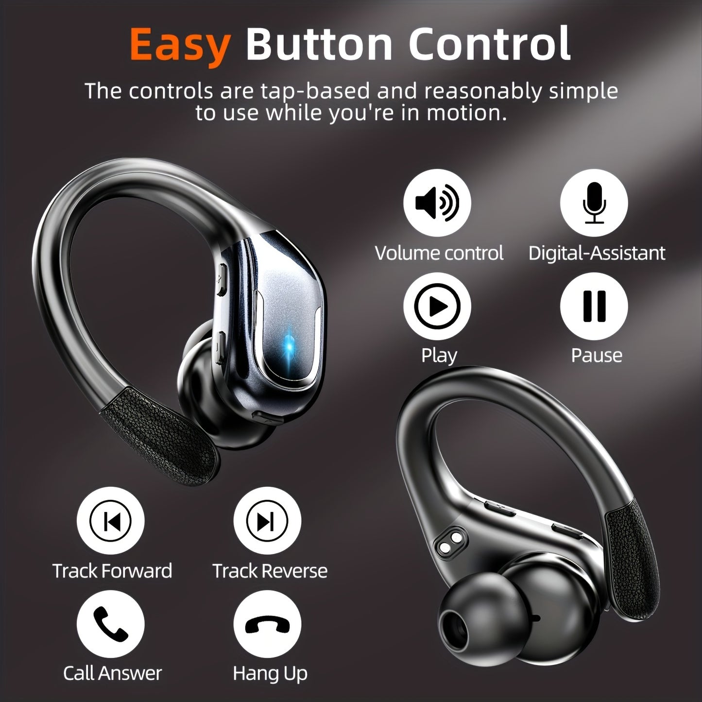 Wireless Sports Earbuds - Headphones & Earbuds with Earhooks, Pure Bass Sound, Over-Ear Design, Dual-LED Display, Built-in Microphone, Noise Cancelling Technology, and Sweat-Resistant for Running and Fitness Enthusiasts