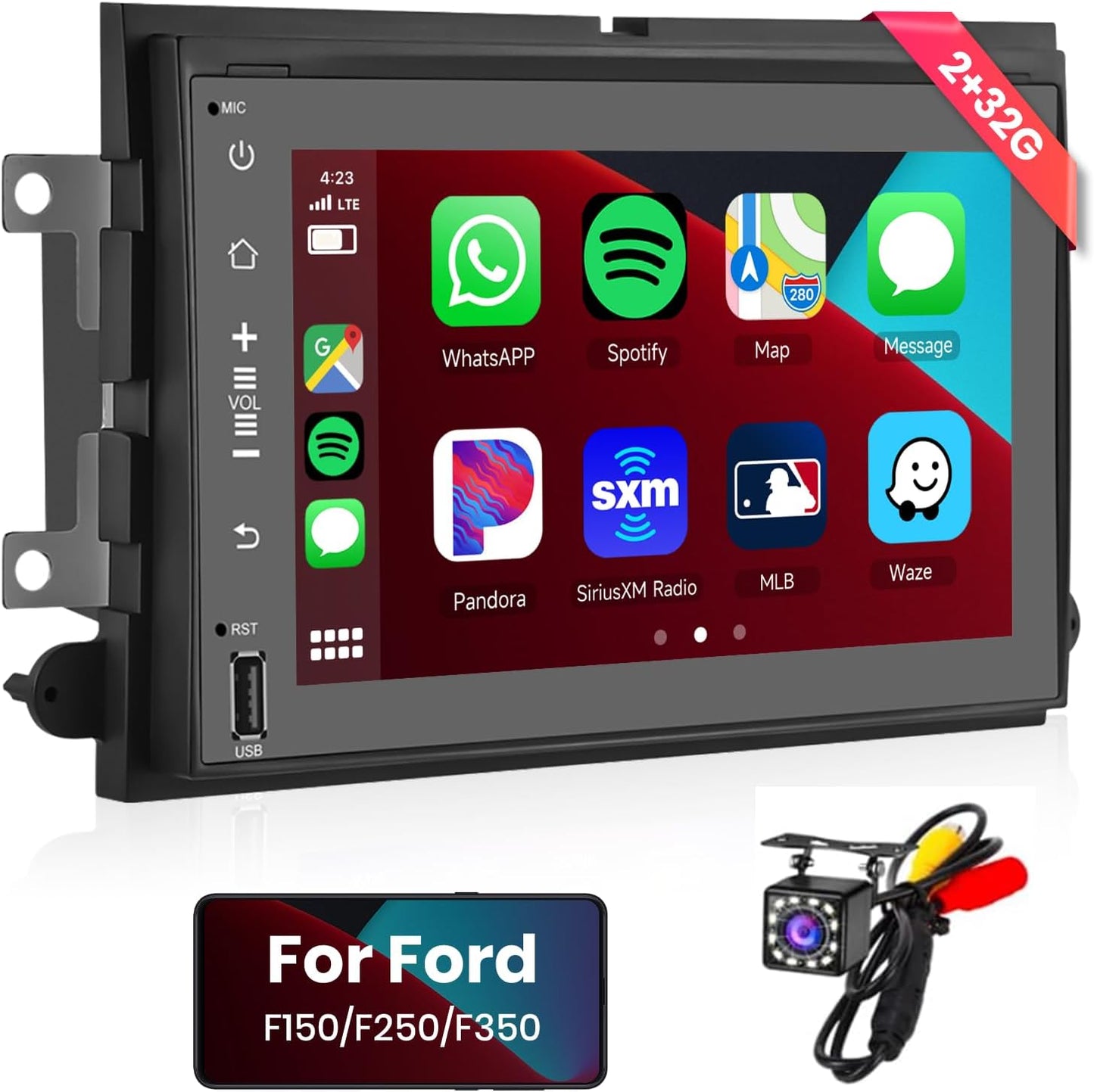 2G+32G Wirelss Carplay Android Car Stereo with Wired Android Auto,For Ford F150 F250 F350 Fusion Edge Explorer Expedition, 7” Double Din Radio with GPS Navigation/Wifi/Bluetooth/Fm/Rds/Am/Dsp
