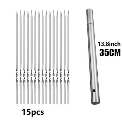 15pcs of Stainless Steel Skewers And 1 Storage Tube for Barbecuing; Reusable Grill Skewers for Shish Kebab And Camping Flat Forks Gadgets