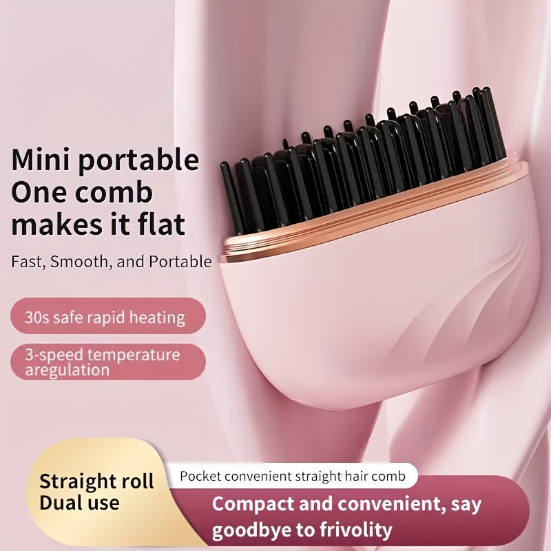Mini Portable Wireless Hair Straightener with USB- Heating Plates, 3-Temperature Settings & Volumizing for straightening wet/Dry Hair - Compact Styler for Travel, On-the-Go Smoothing (Copper Heating Tech)