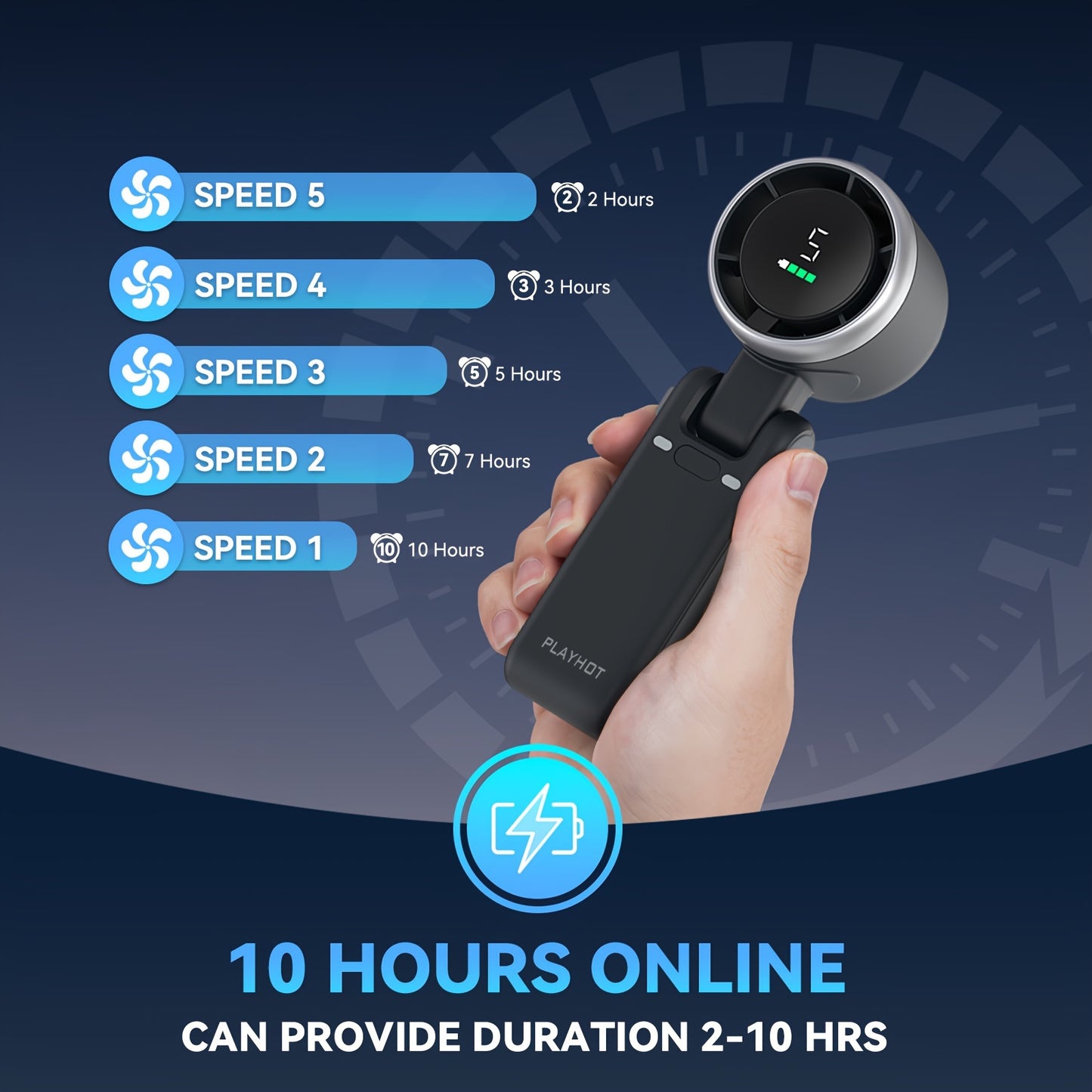 12-Hour Long-Lasting Turbo Handheld Fan - 5 Gear Wind Speed, Battery Operated, 3-IN-1 Air Turbo Tech Cooling Fan with LED Light, Compact Design for Outdoor Activities, Travel, Working, and Daily Use