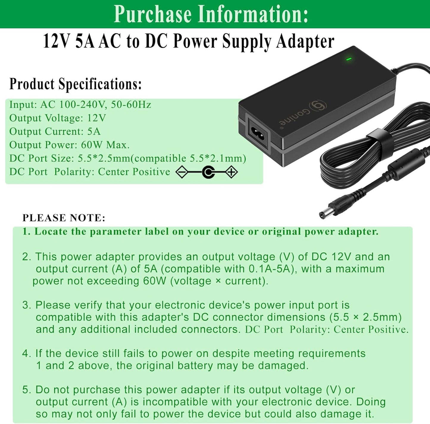 12V 5A Power Supply 60W Adapter, Fit for 12 Volt LED Light Strips LCD Monitor CCTV Camera Security System Router. AC 100-240V to DC 12V 5A 4A 3A 2A Converter Cord with 8 Tips.