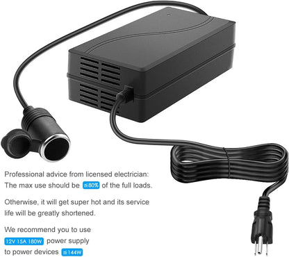 AC to DC Converter Adapter 110V to 12V Converter 180W 15A Car Cigarette Lighter Socket 100~240V AC to DC 12 Volt 15A 12A Power Supply Transformer for Car Vacuum Cleaner Refrigerator Inflator