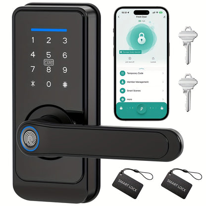 Halloween & Christmas Special - Tuya Premium Smart Door Locks - Fingerprint Door Locks - Tech-Savvy Door Lock - Smart Keypad Fingerprint Door Lock with Handle (Fingerprint/Ic Card/Passcode/App/Key) - Front Door Lock with Hand