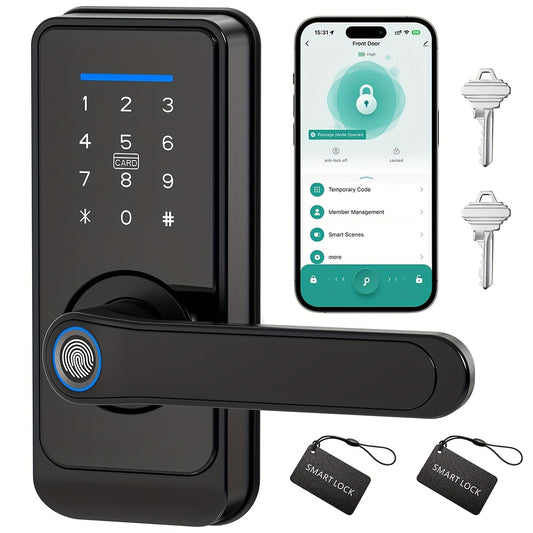 Halloween & Christmas Special - Tuya Premium Smart Door Locks - Fingerprint Door Locks - Tech-Savvy Door Lock - Smart Keypad Fingerprint Door Lock with Handle (Fingerprint/Ic Card/Passcode/App/Key) - Front Door Lock with Hand