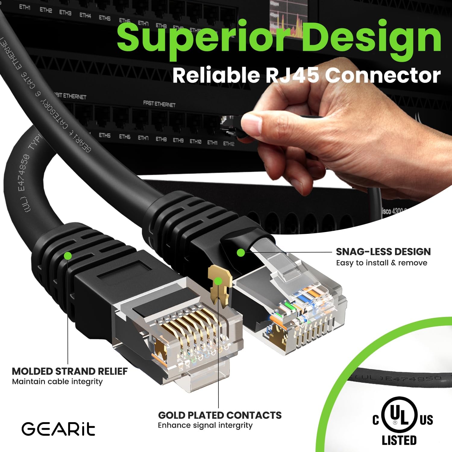 Cat 6 Ethernet Cable Pack - 20-Pack 25 Ft Cat6 Ethernet Patch Cables | RJ45 Network Patch Cable, 10 Gbps Snagless Gold-Plated Connectors - Ethernet Cable Cat 6 for PC, TV, Router - Black