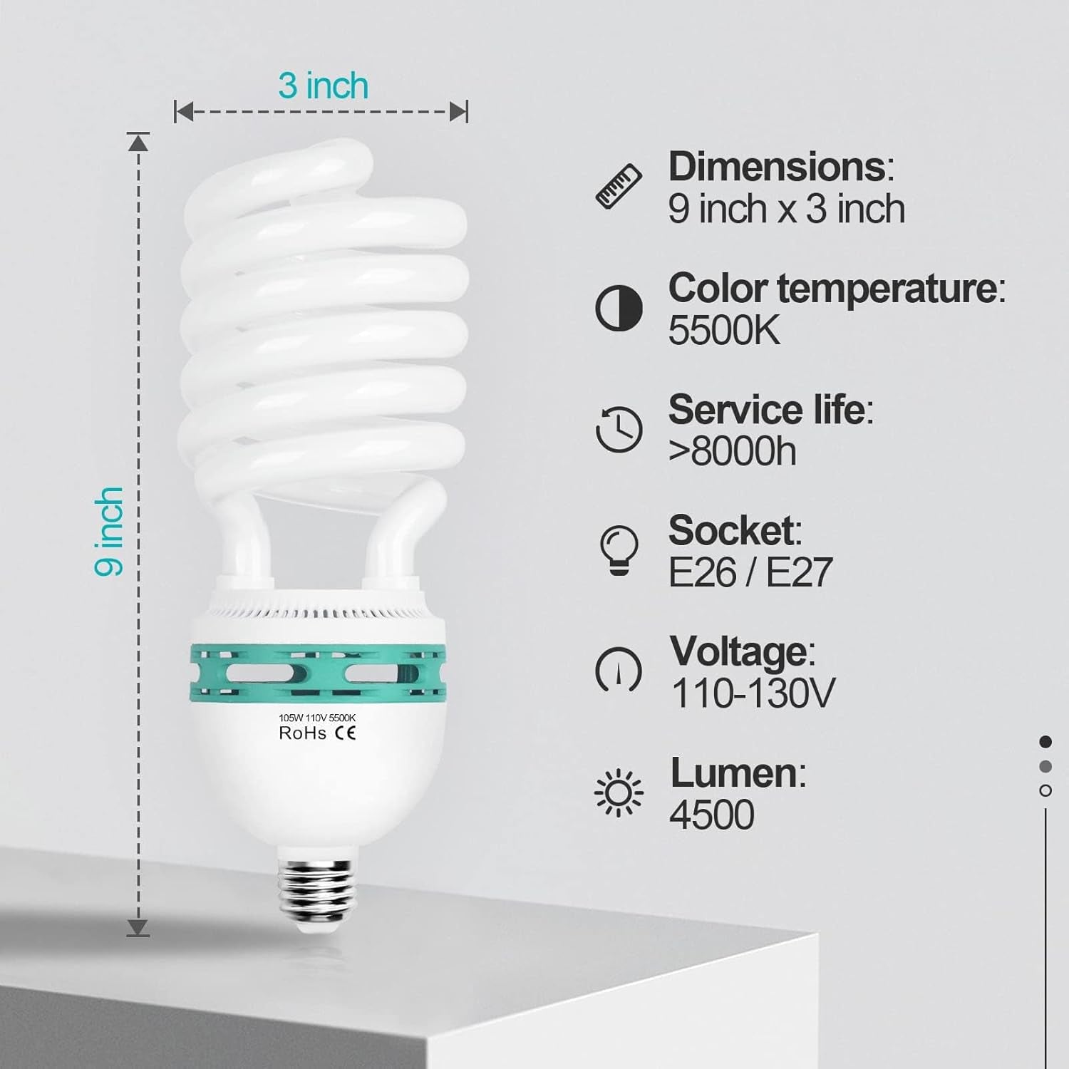 Full Spectrum Light Bulb, 105W Spiral CFL 5500K Daylight for Softbox Lighting Kit, Replacement Lamp for Photography Photo Video Studio, Household Use, Portrait Shooting -1PACK