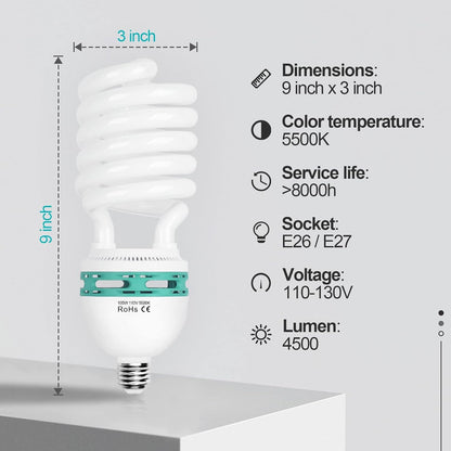 Full Spectrum Light Bulb, 105W Spiral CFL 5500K Daylight for Softbox Lighting Kit, Replacement Lamp for Photography Photo Video Studio, Household Use, Portrait Shooting -1PACK