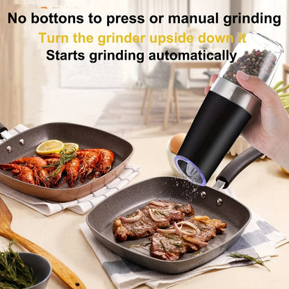 2pcs Gravity Electric Salt and Pepper Grinder Set, Battery Powered LED Light One Hand Automatic Operation, Adjustable Coarseness Mill Grinders Shakers Black, Kitchen Gadgets Gift Ideas