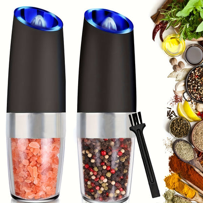2pcs Gravity Electric Salt and Pepper Grinder Set, Battery Powered LED Light One Hand Automatic Operation, Adjustable Coarseness Mill Grinders Shakers Black, Kitchen Gadgets Gift Ideas